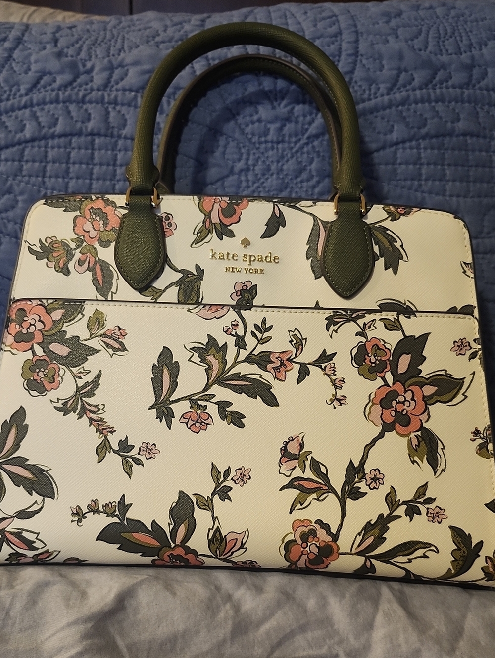 kate spade Cream Floral Satchel with Olive Handles and Pink Accents